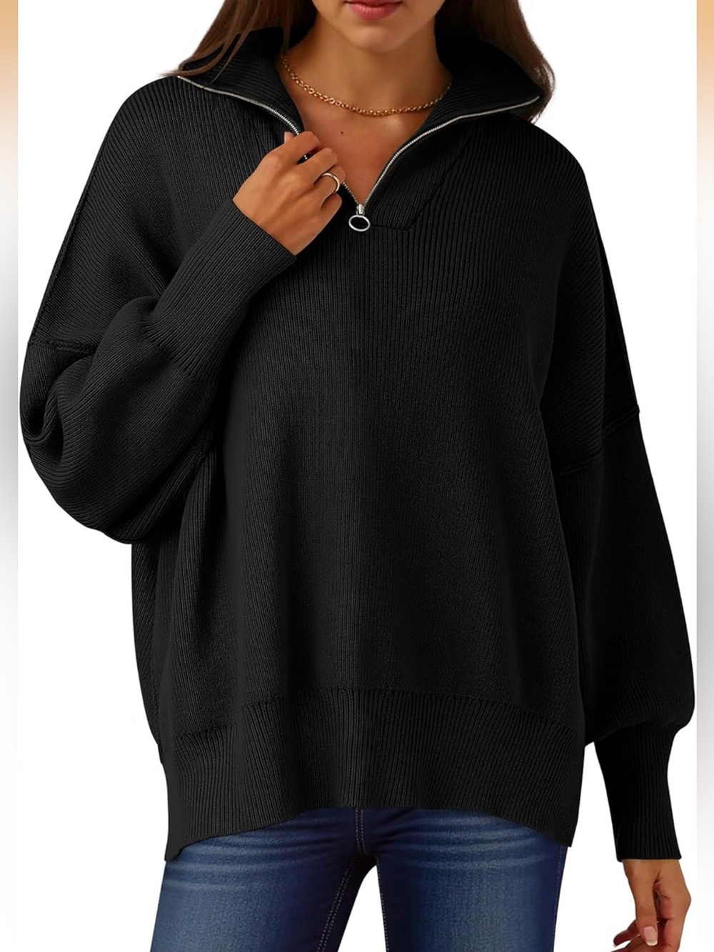 ANRABESS Women's Oversized Long Sleeve Quarter Zip Baggy Loose Slouchy Sweater